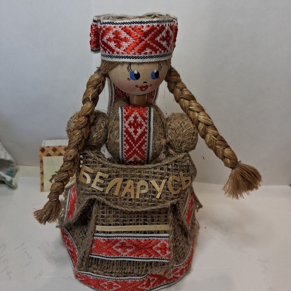 Vintage Seven inch Handmade Flax Doll  Belarus  Embroidered Long Braids Blue Eye